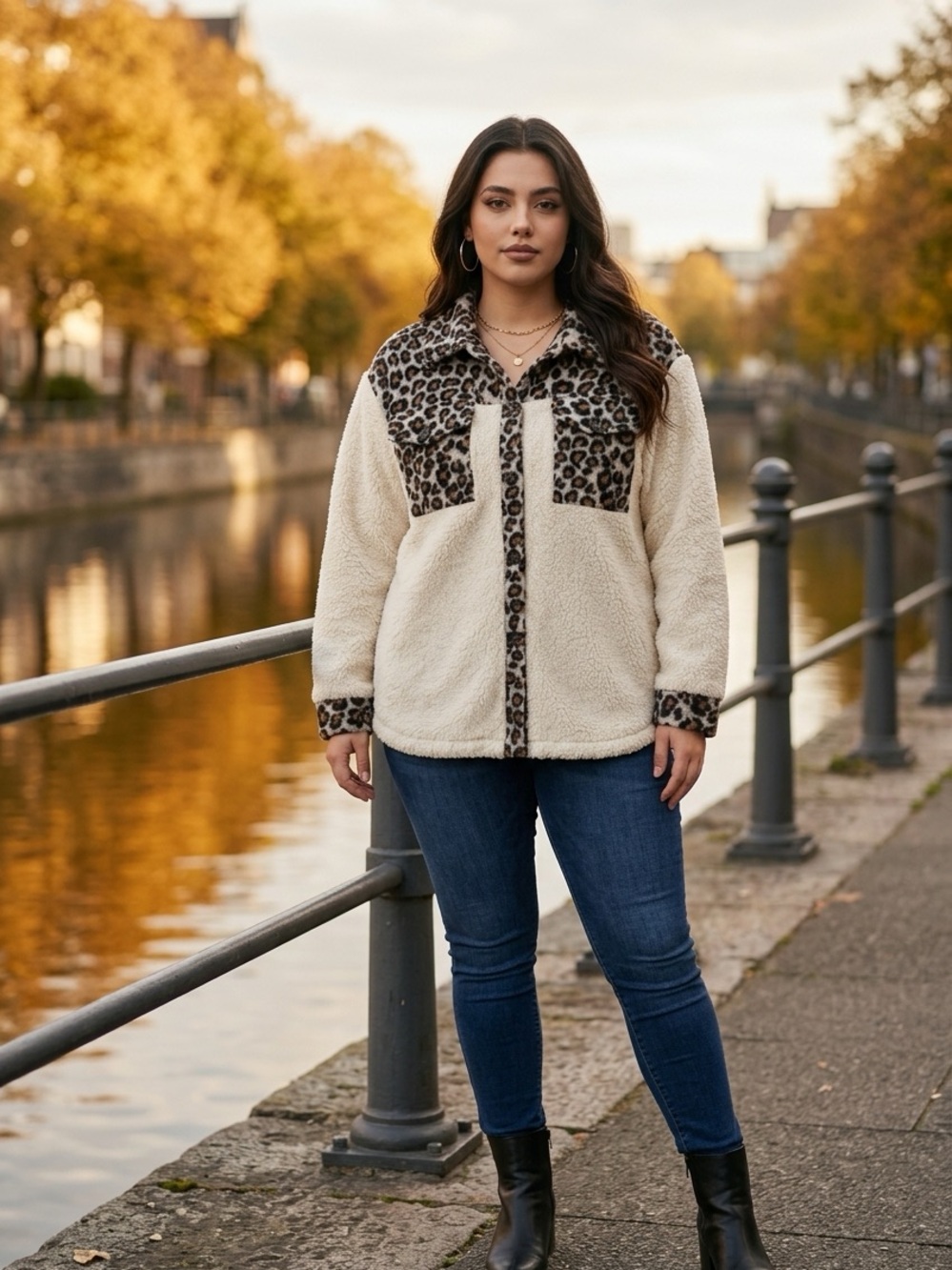 Leopard-Trim Cream lined Street Sherpa Jacket - Women's Cozy Coat Sz 2X pockets